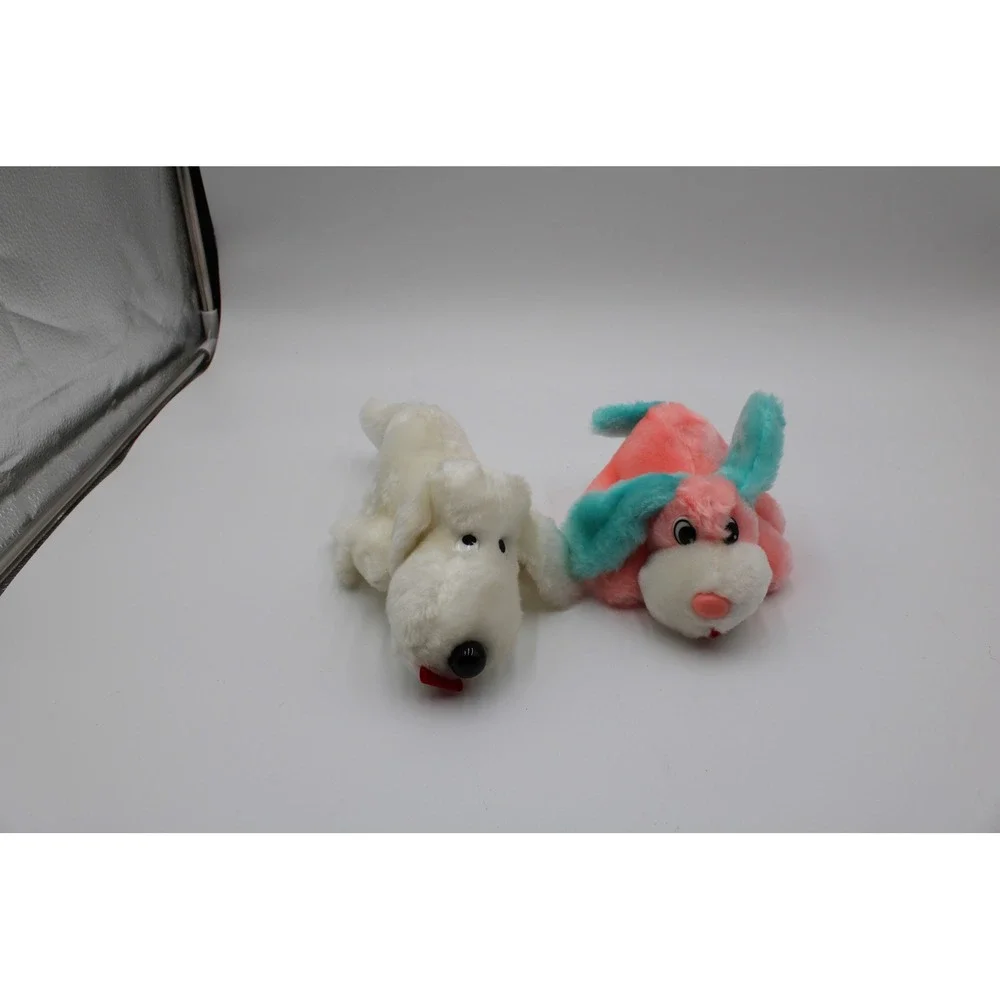 Commonwealth Plush Dog Set White Pink Teal Vintage 1980s Stuffed Animals 2pc